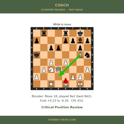 Chess board showing a critical position analysis from a Coach report